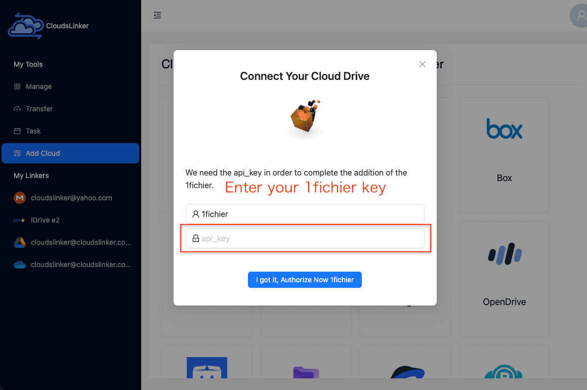 Linking 1fichier account