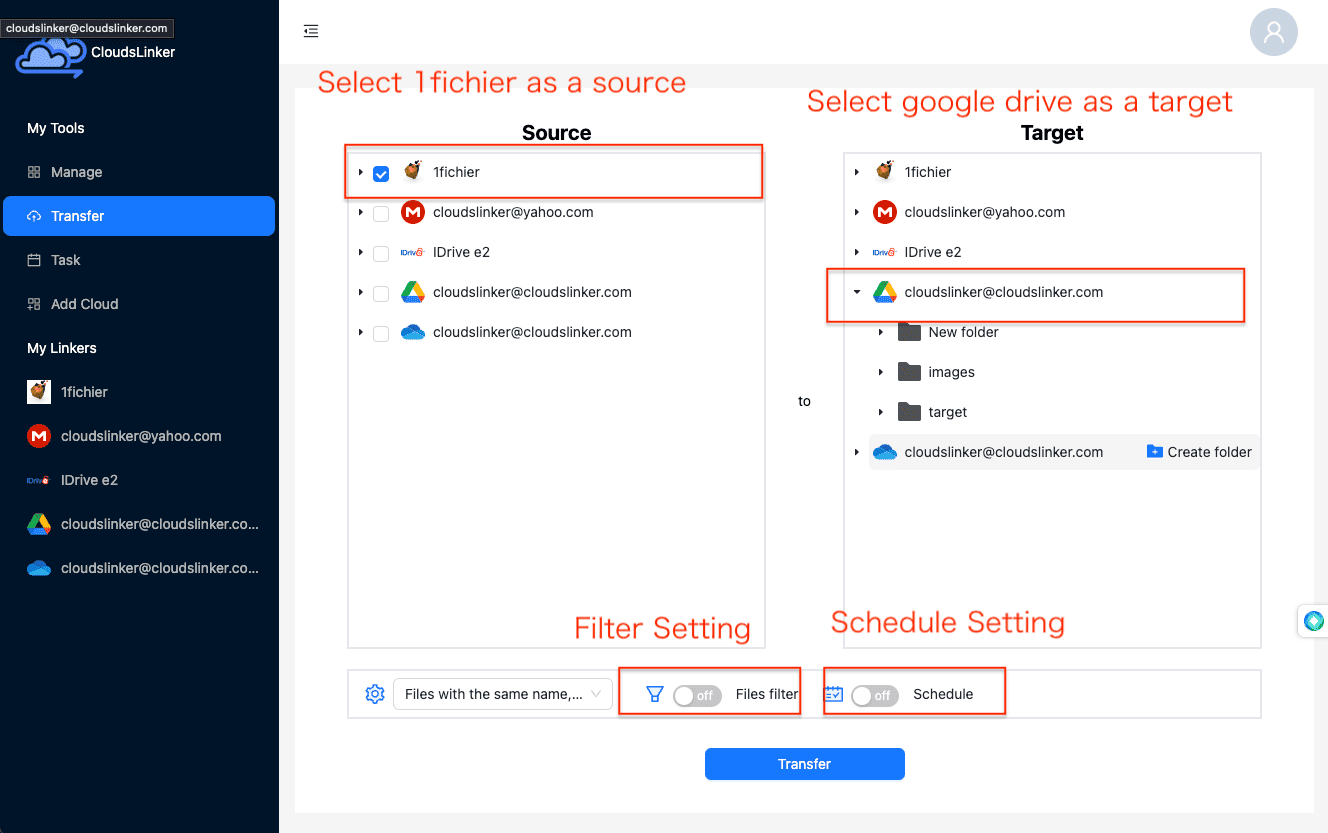 configure transfer in cloudslinker