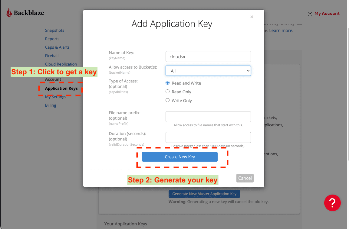 Generating Backblaze B2 access keys