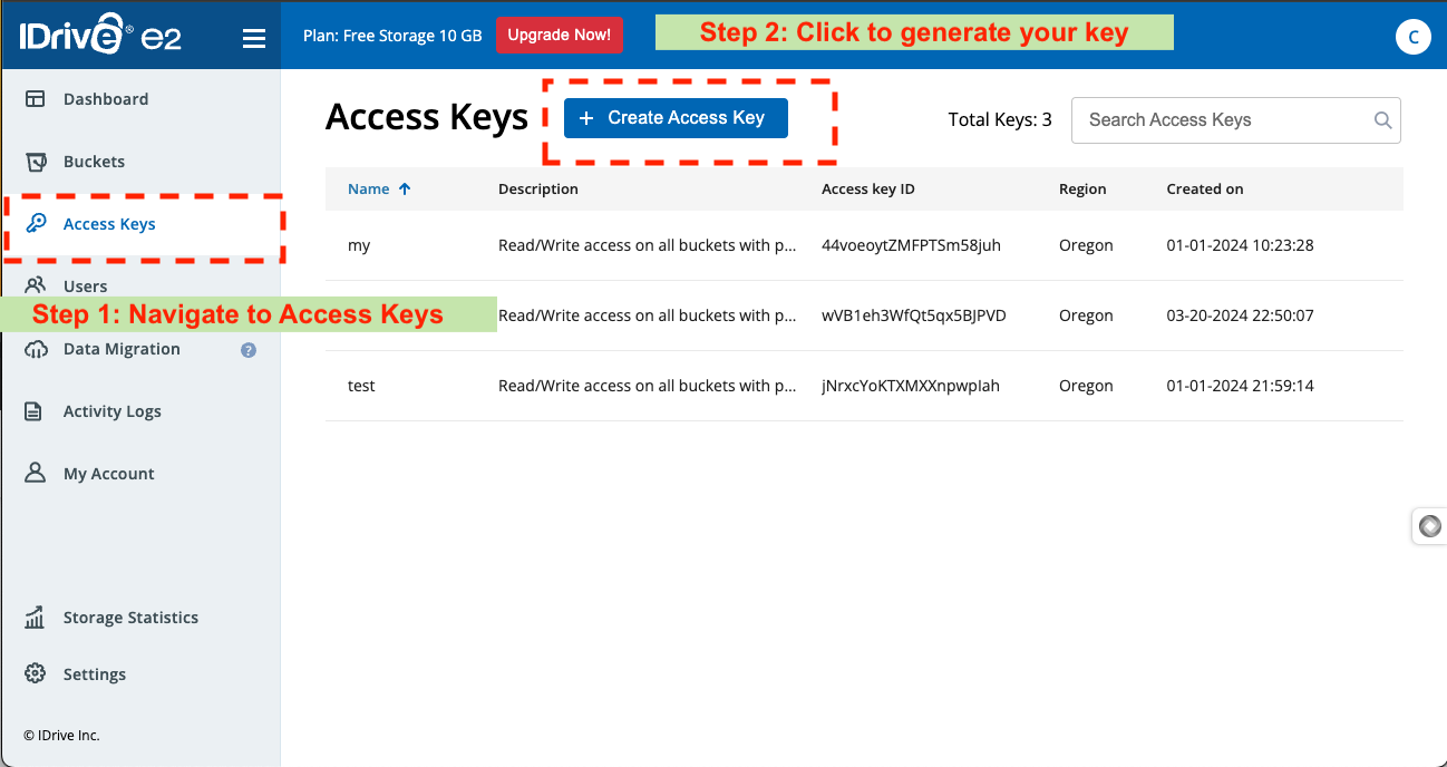 Creating IDrive E2 Access Keys