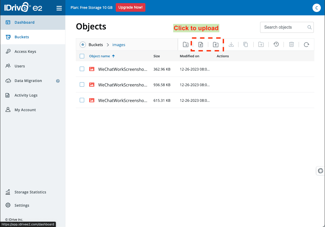 Uploading files to idrive e2