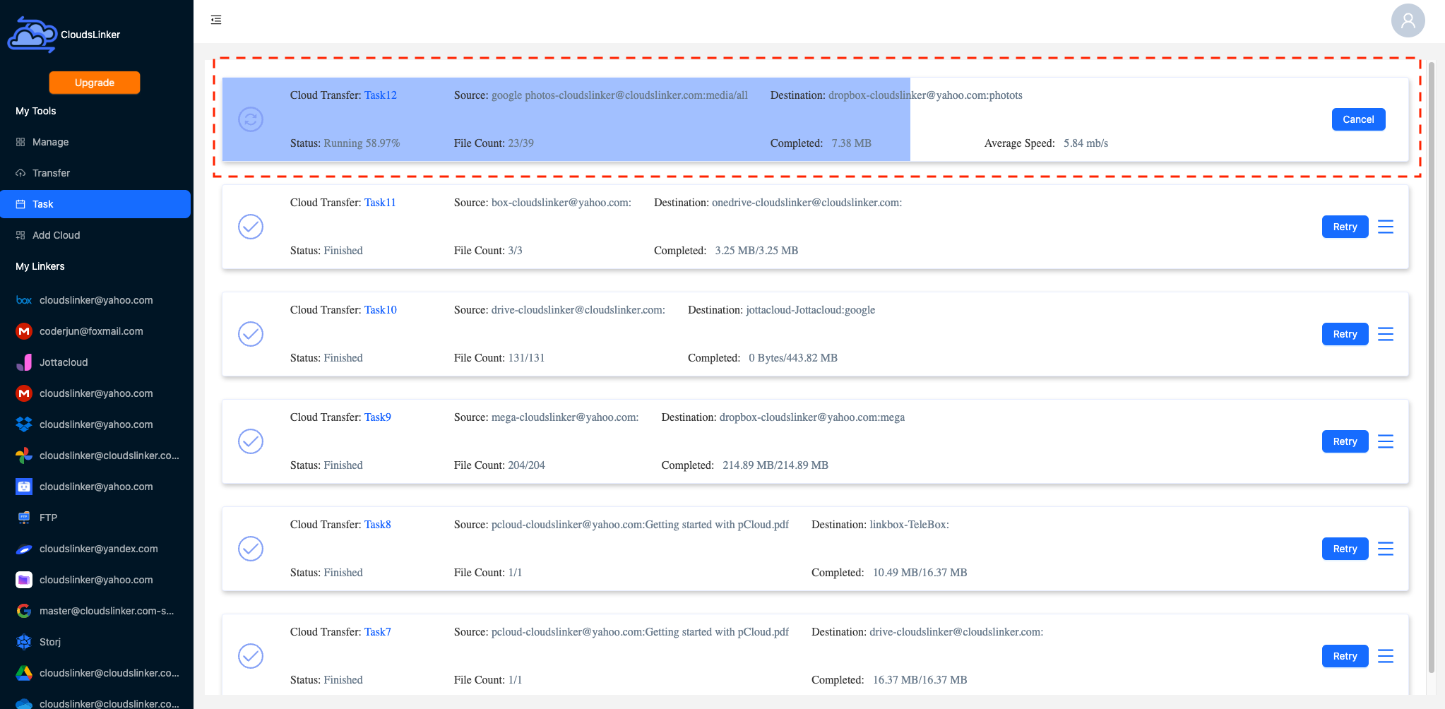 Initiating backup in CloudsLinker