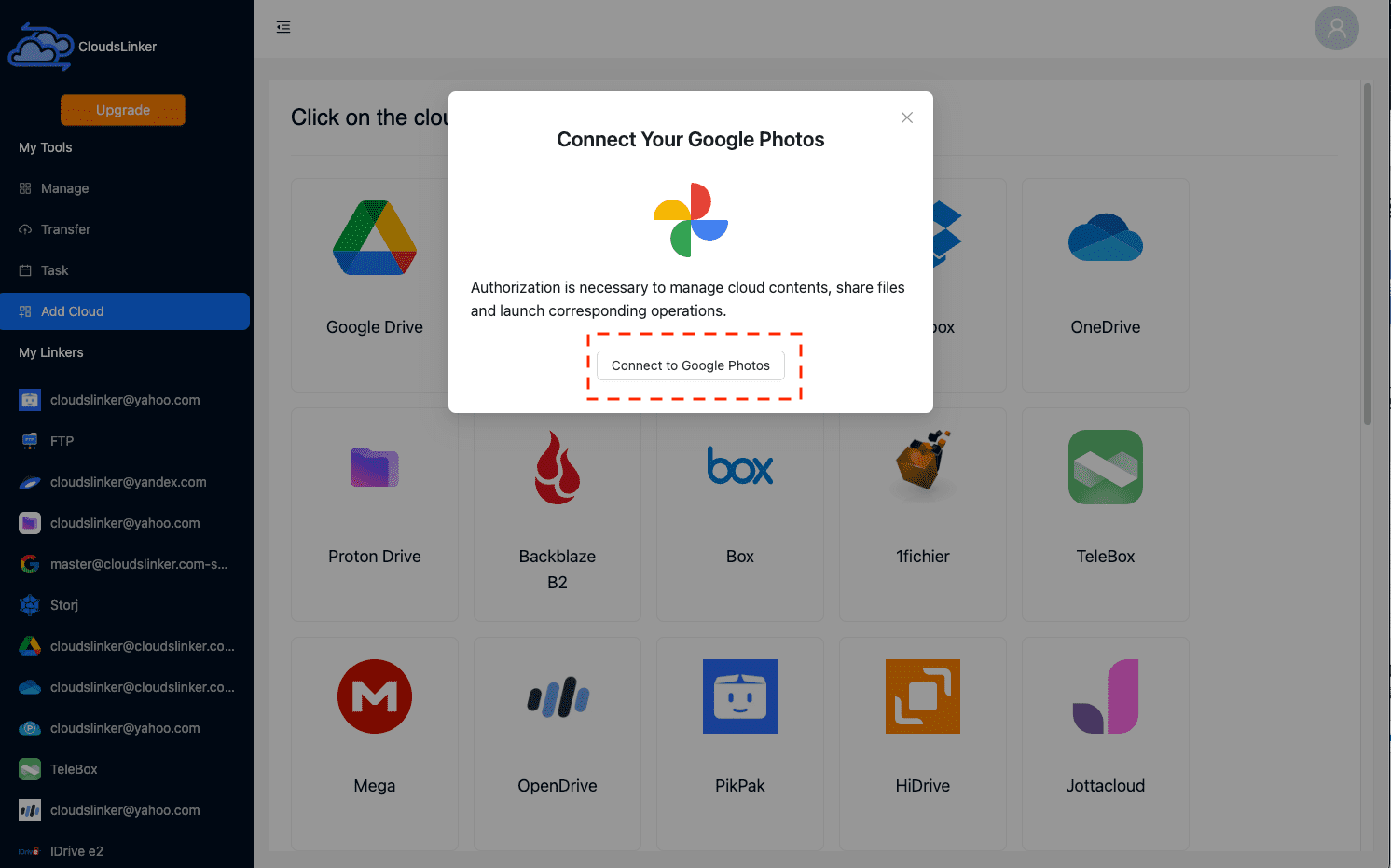 Authorizing Google Photos in CloudsLinker