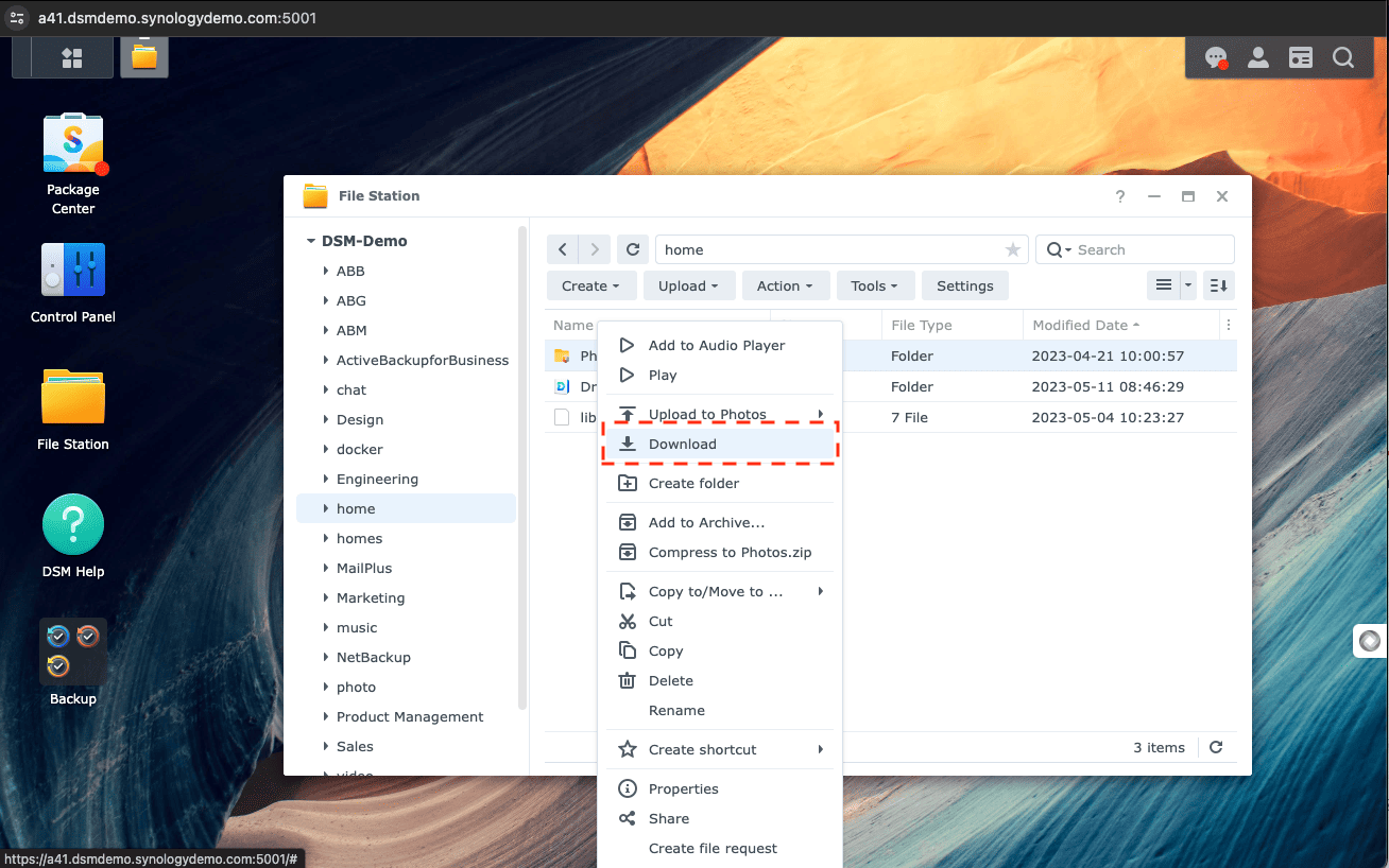 Downloading files from NAS through DiskStation Manager
