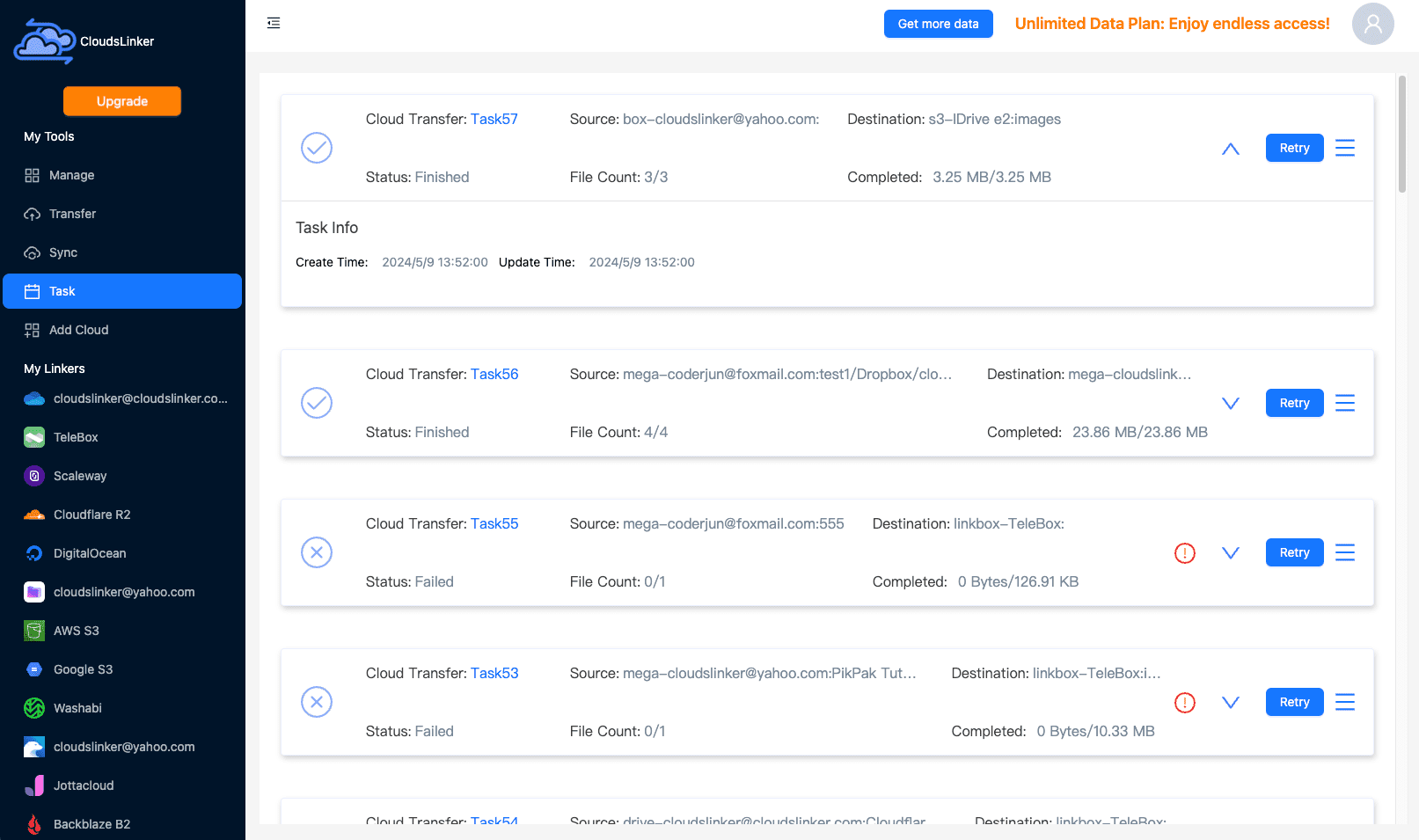 Monitoring transfer tasks in CloudsLinker
