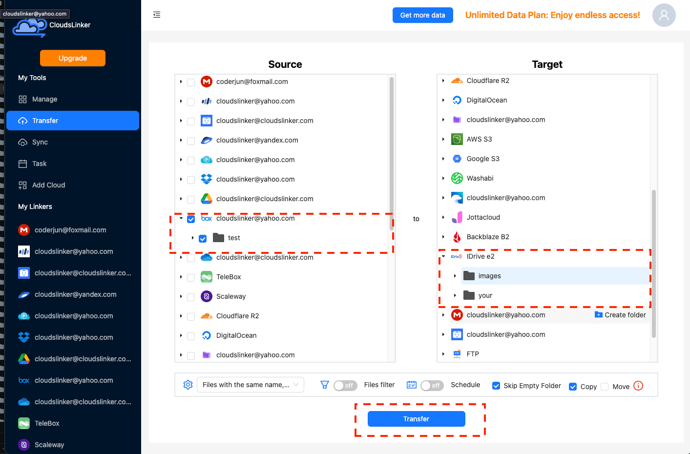 Configuring transfer settings in CloudsLinker