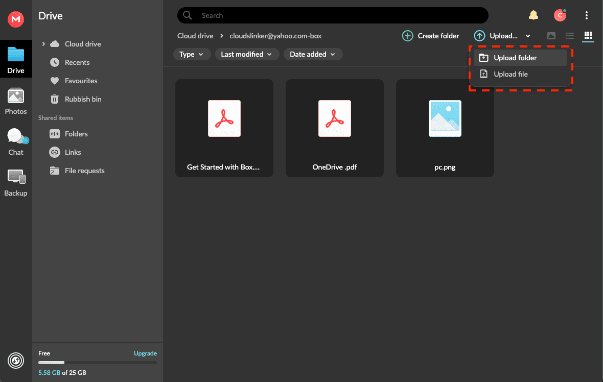 uploading files to Mega