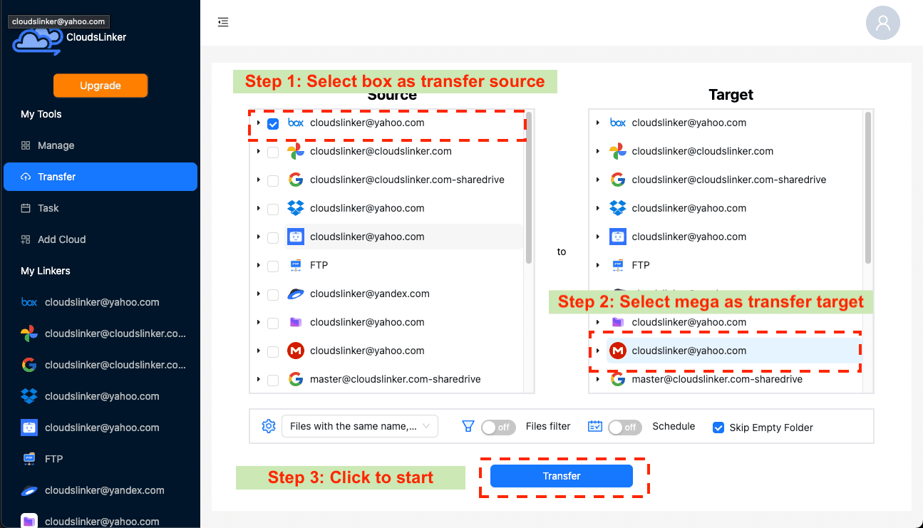 Setting up Box to Mega Transfer in CloudsLinker
