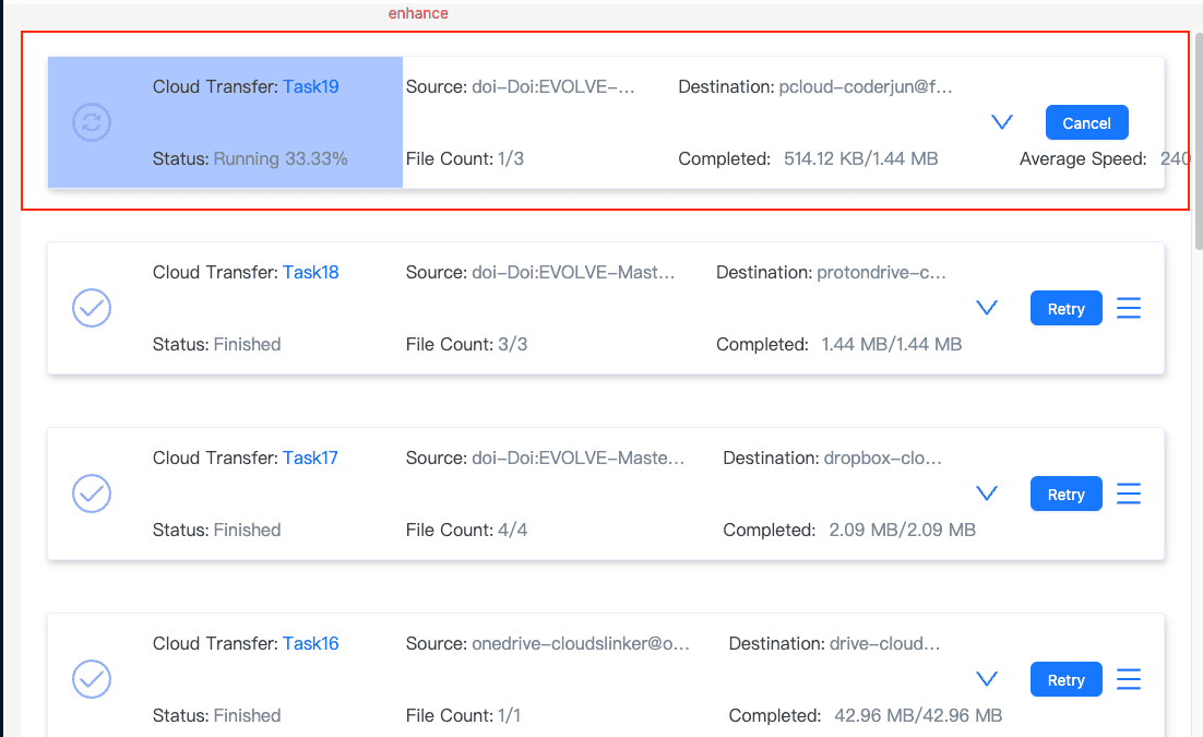 Starting the DOI to pCloud transfer