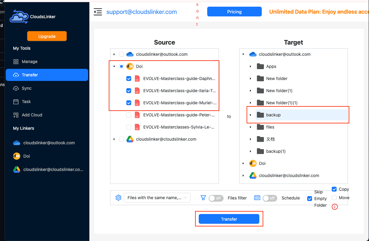 Selecting DOI files to transfer