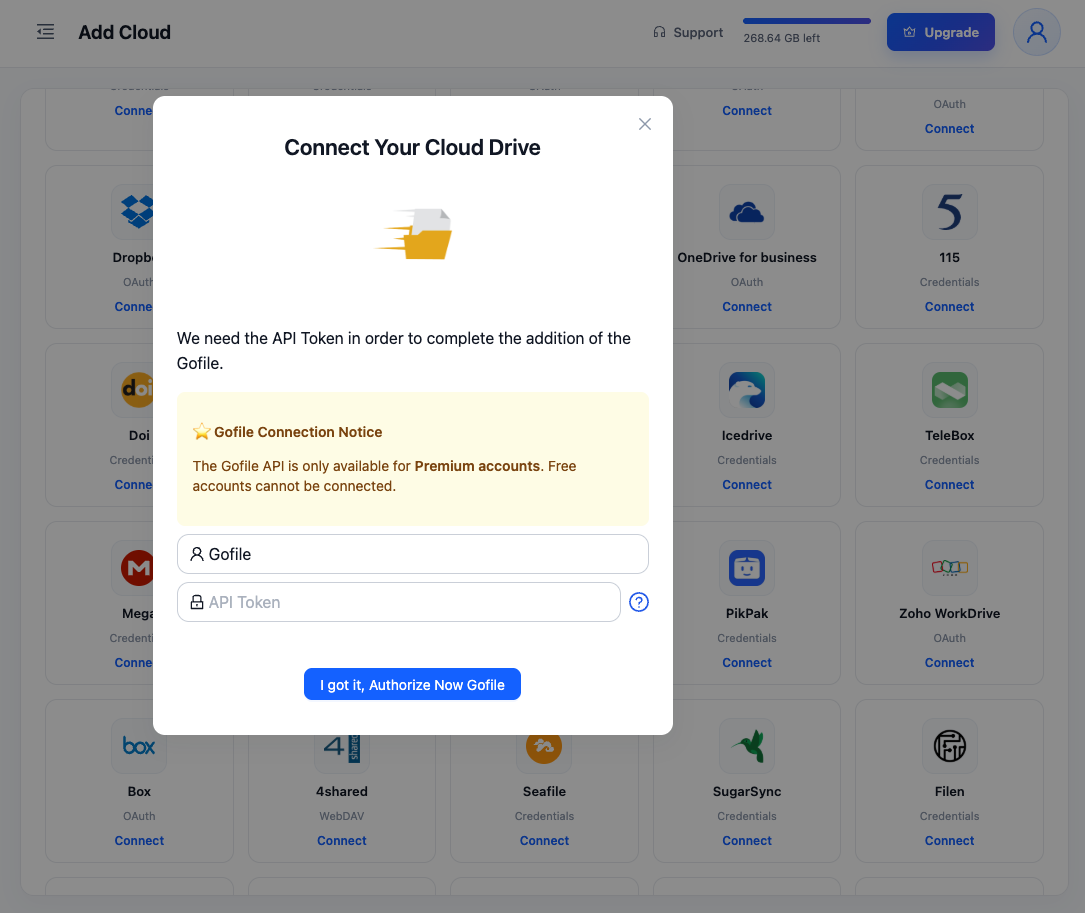 CloudsLinker Add Cloud dialog for Gofile with a display name field prefilled 'Gofile', an API Token password-style input field, and a small blue question-mark icon that opens a hover tooltip linking to gofile.io/myProfile