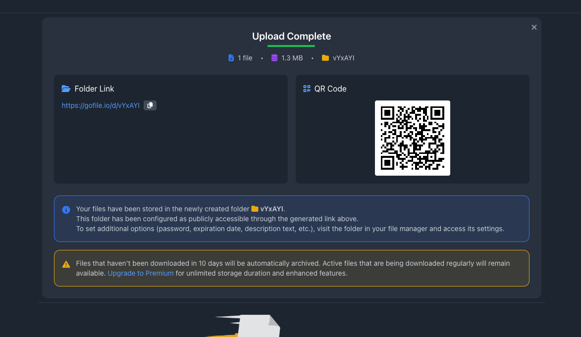 Gofile Upload Complete dialog confirming files are stored in a newly created folder, with the folder link, a QR code, and the yellow notice that files not downloaded in 10 days are automatically archived