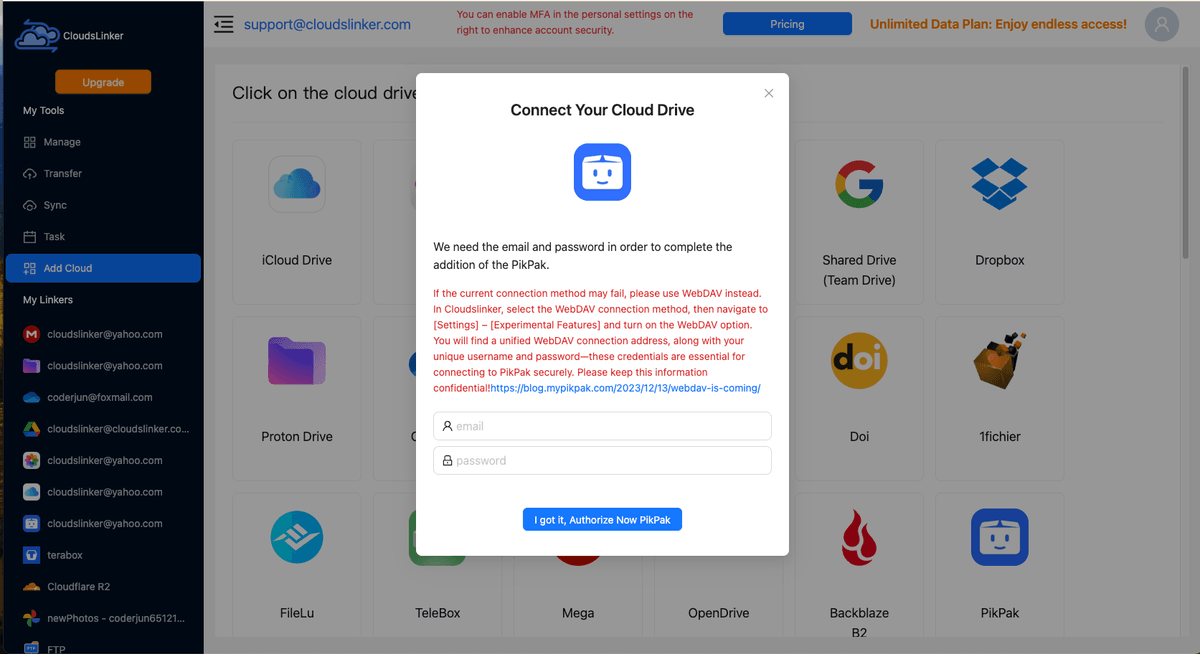 CloudsLinker Add Cloud page with the PikPak connection dialog