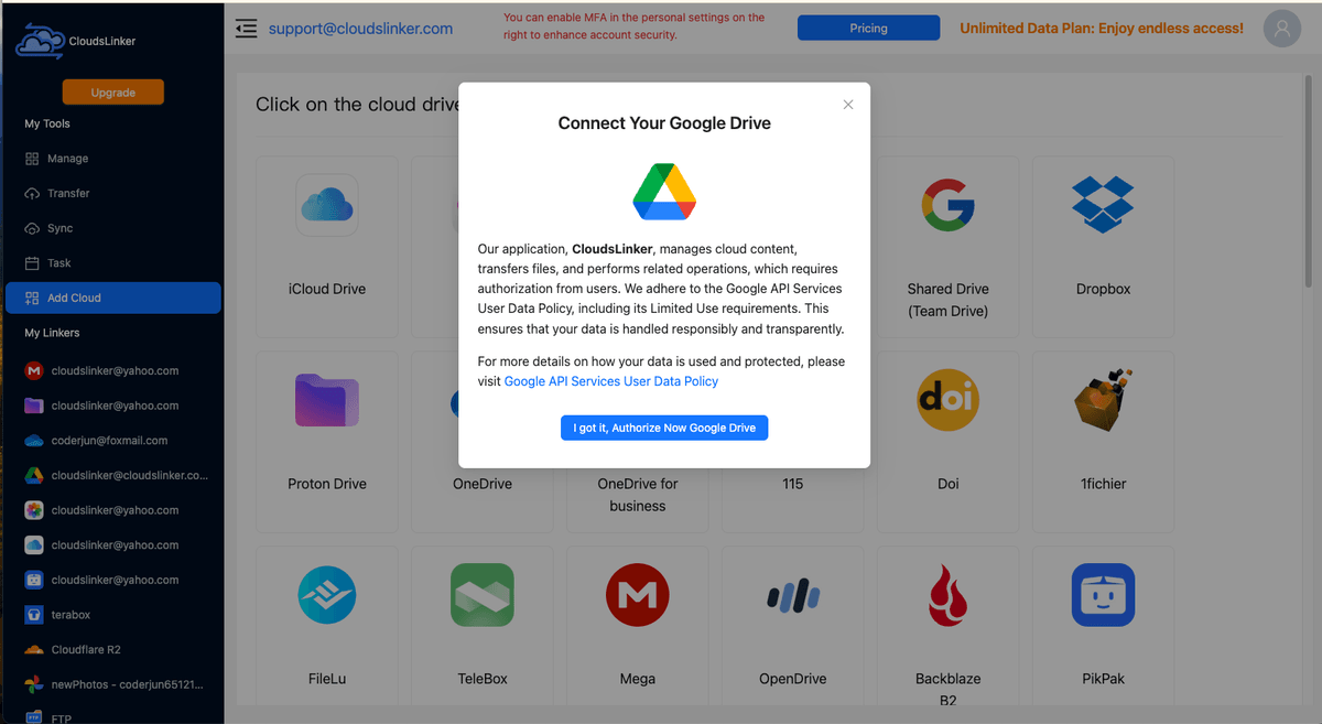 CloudsLinker Add Cloud page with the Google Drive authorization dialog