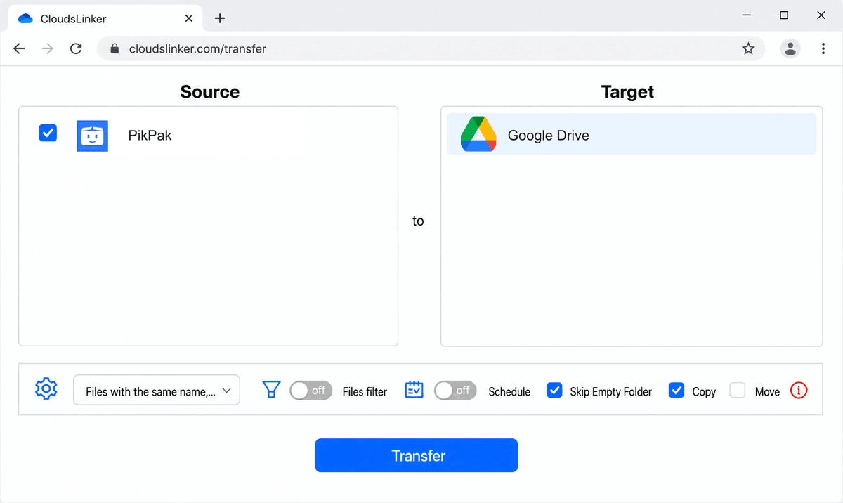 CloudsLinker PikPak to Google Drive transfer setup and task progress