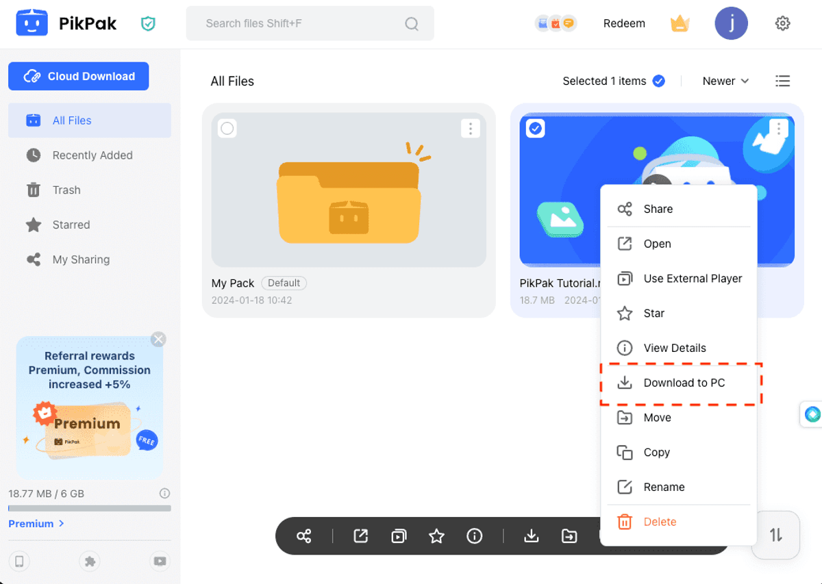 PikPak file menu highlighting Download to PC for saved files