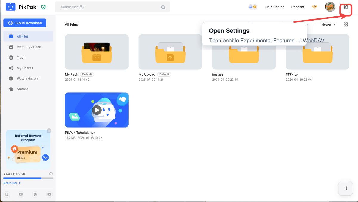 PikPak settings entry for enabling WebDAV in experimental features
