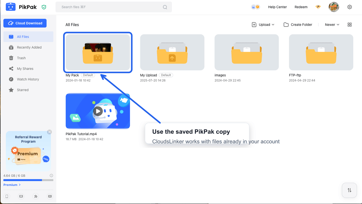 Saved PikPak folder ready for server-to-server cloud transfer