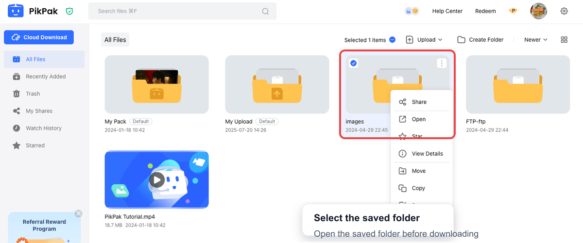 Selecting a saved folder inside the PikPak file list