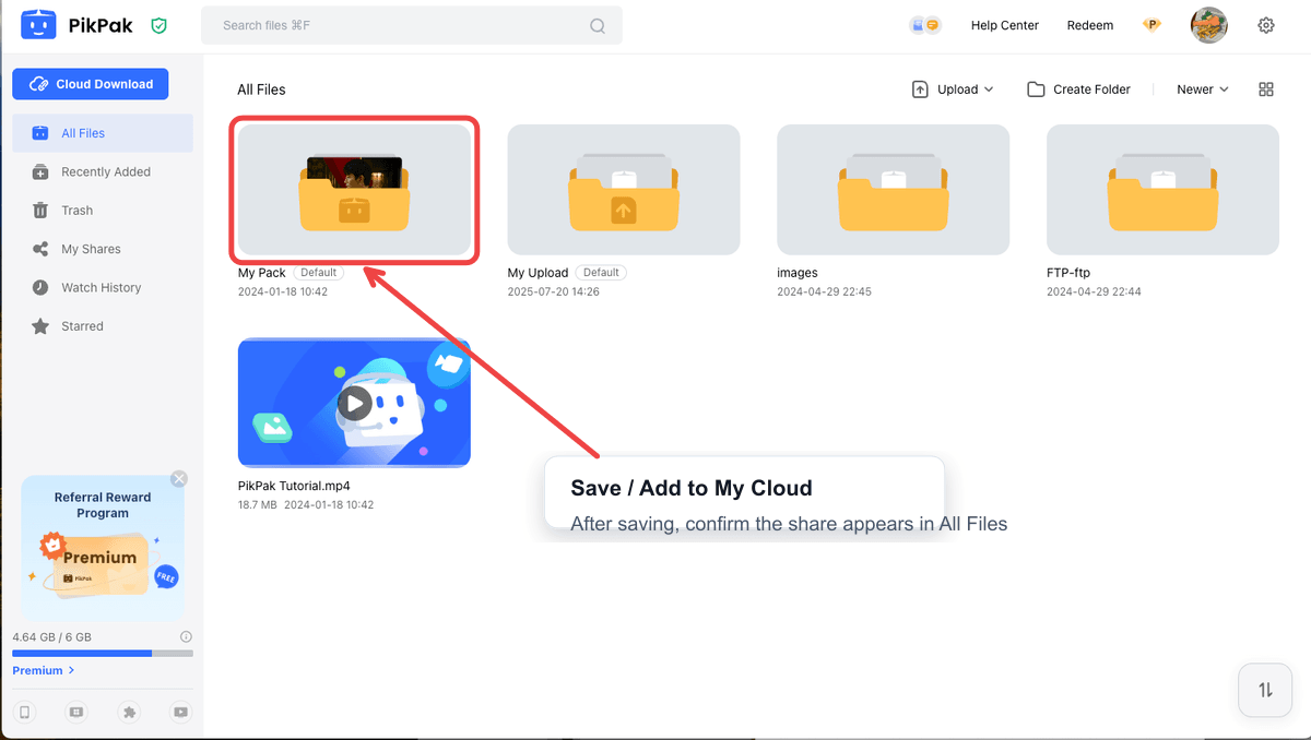 Saved PikPak shared content appearing in the All Files page