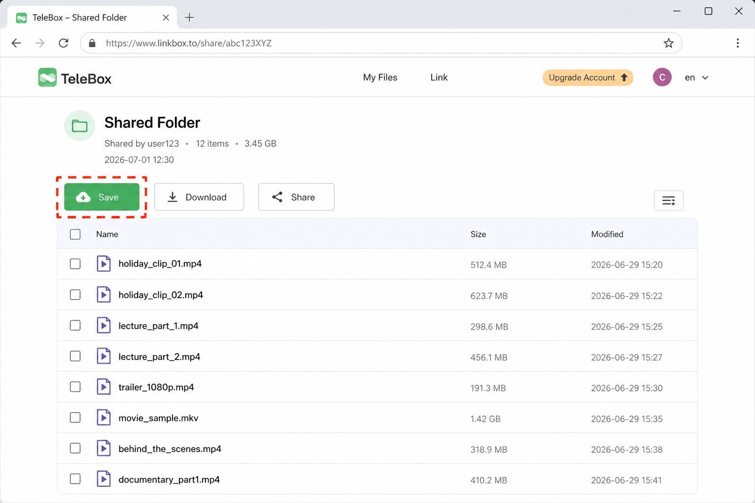 TeleBox web page for an opened shared folder link showing a file list of video files with checkboxes, and a highlighted Save button in the toolbar that copies the shared items into the signed-in user's own TeleBox account