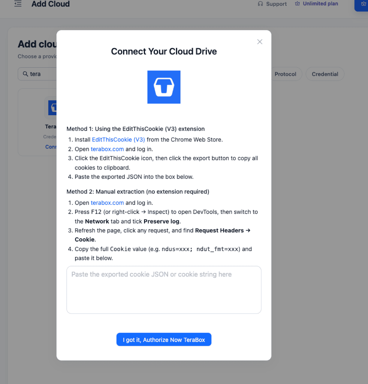 CloudsLinker Connect Your Cloud Drive dialog for TeraBox listing both cookie-extraction methods — the EditThisCookie extension route and manual DevTools extraction — above the cookie paste box and the I got it, Authorize Now TeraBox button