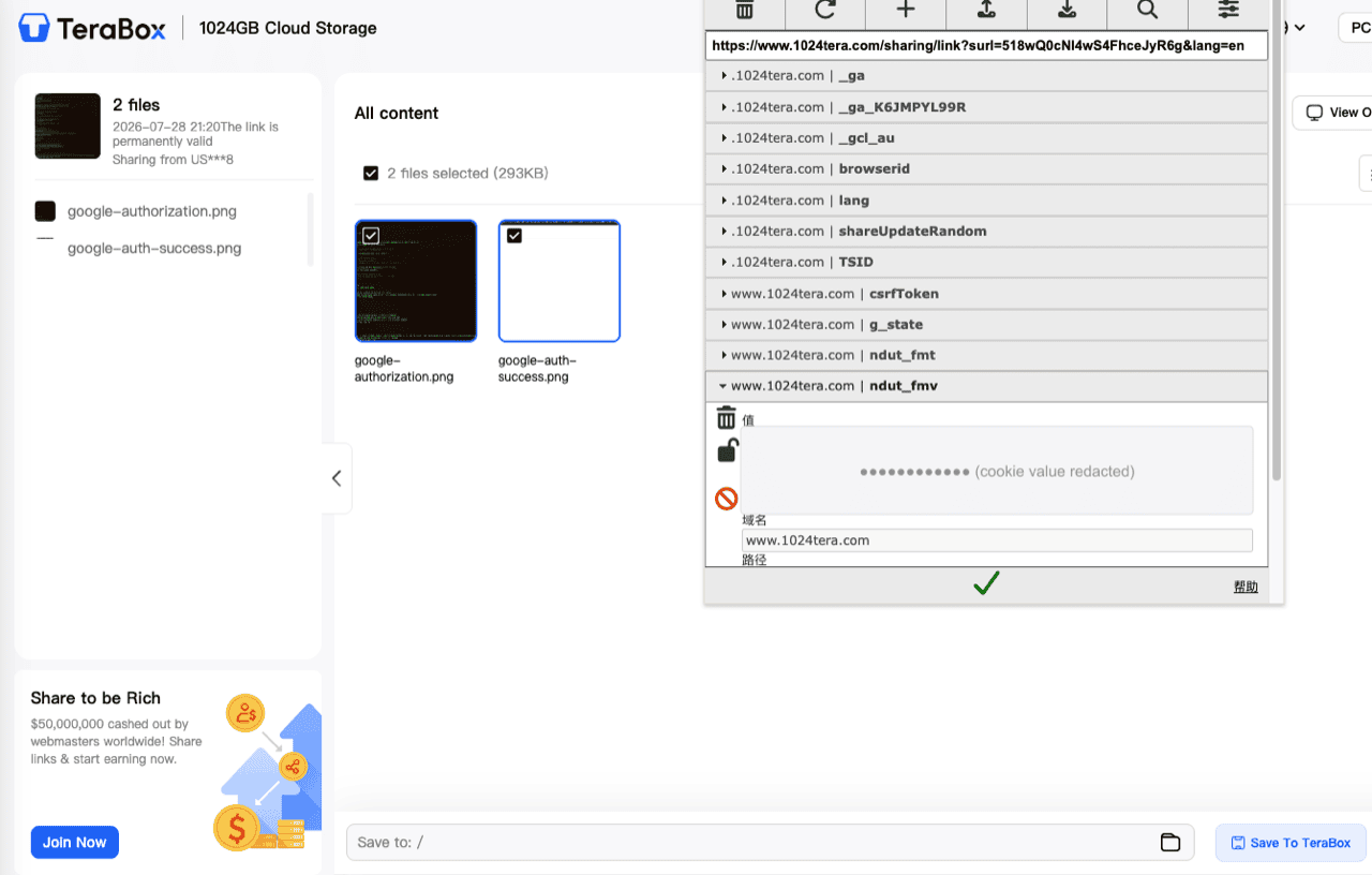EditThisCookie extension popup open over a TeraBox share page on www.1024tera.com, listing the site's cookies including ndut_fmt and ndut_fmv with one entry expanded to its value field (redacted here), below the extension toolbar that holds the export icon