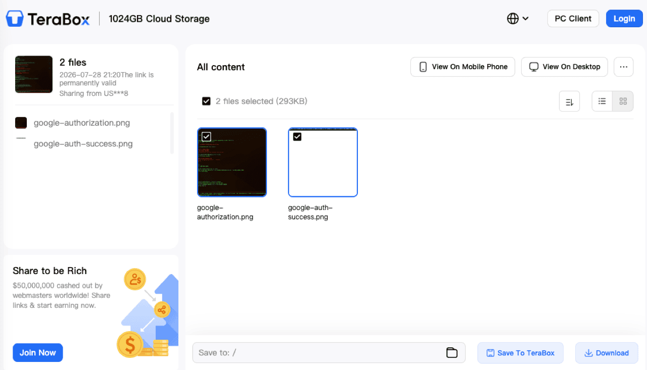 TeraBox shared link page open in a desktop browser with two shared files selected, the sidebar noting the link is permanently valid, and the Save To TeraBox and Download buttons with a Save to path selector along the bottom bar