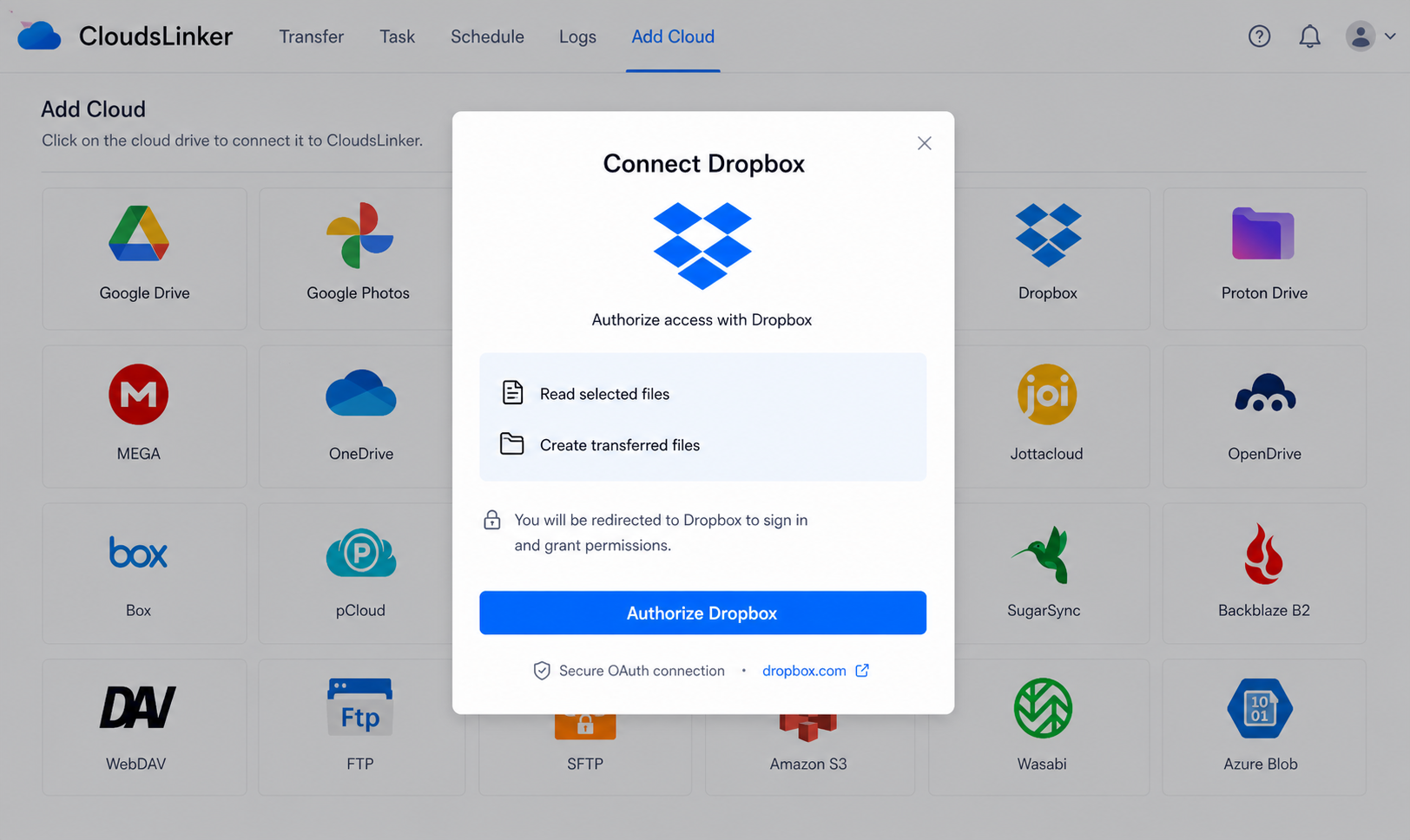 Connect Dropbox in CloudsLinker
