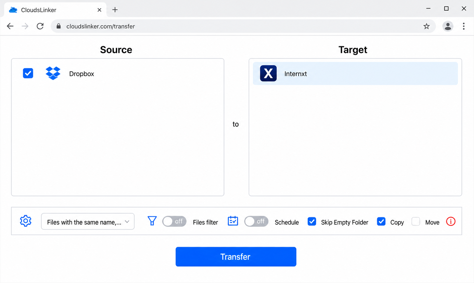 Configure the transfer in CloudsLinker