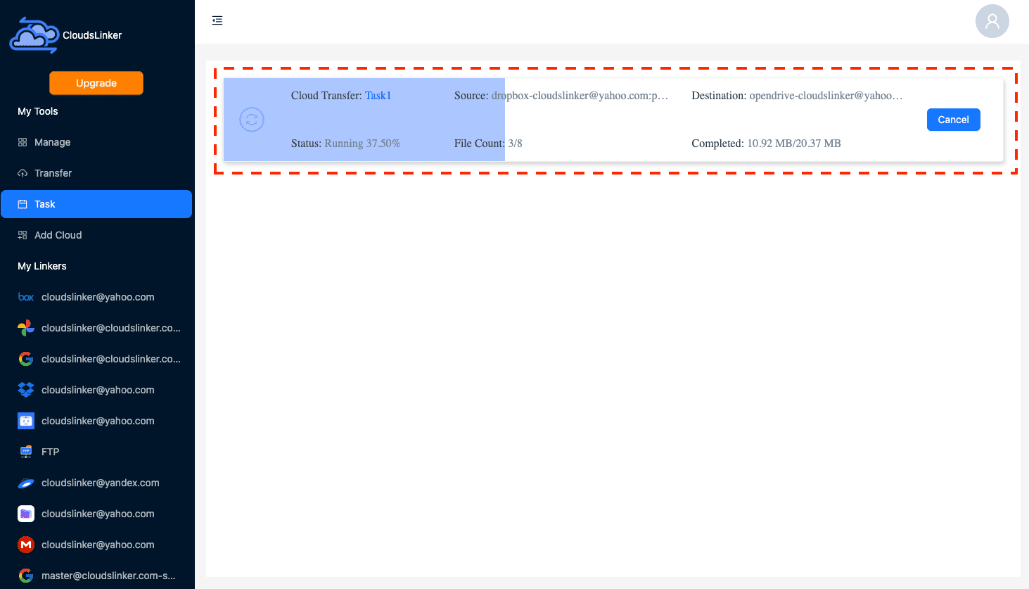 Initiating transfer on CloudsLinker
