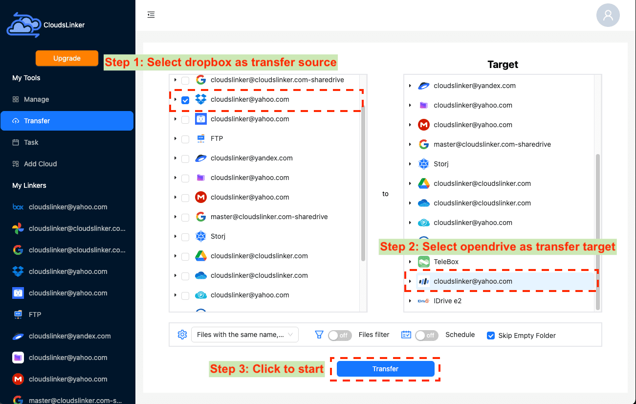 Configuring Dropbox to OpenDrive transfer in Cloudslinker