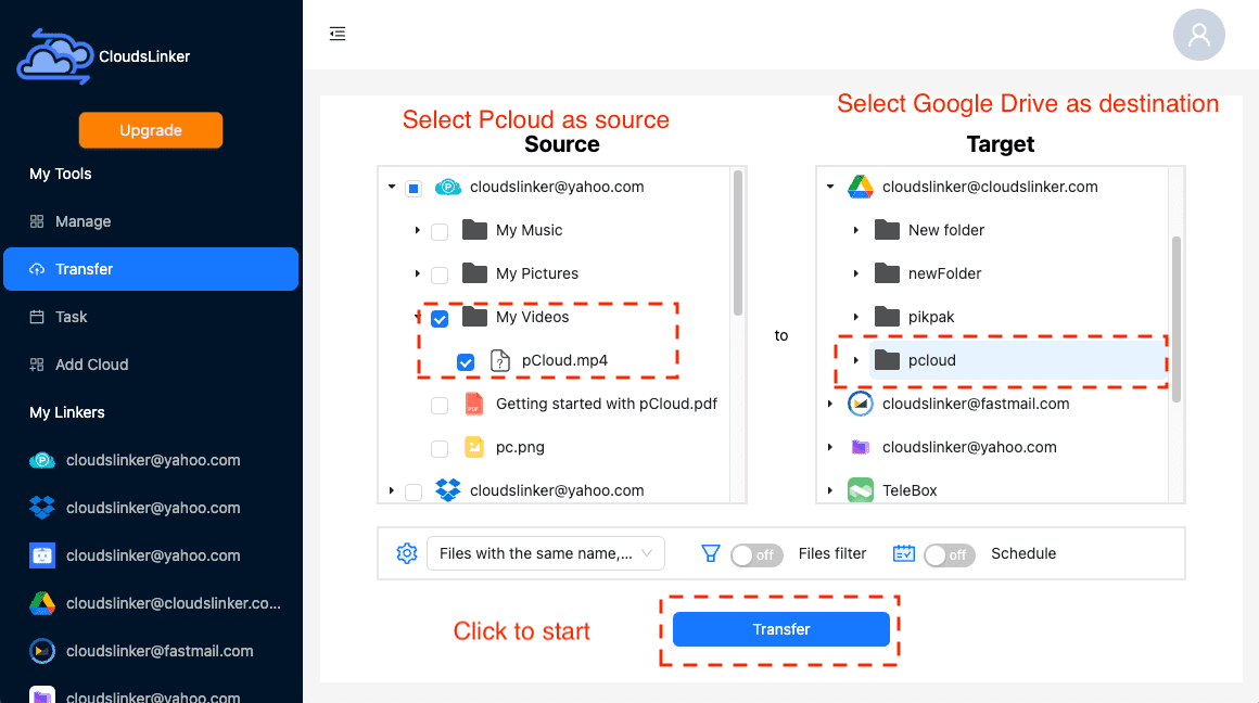 Configuring transfer in Cloudslinker from pCloud to Google Drive