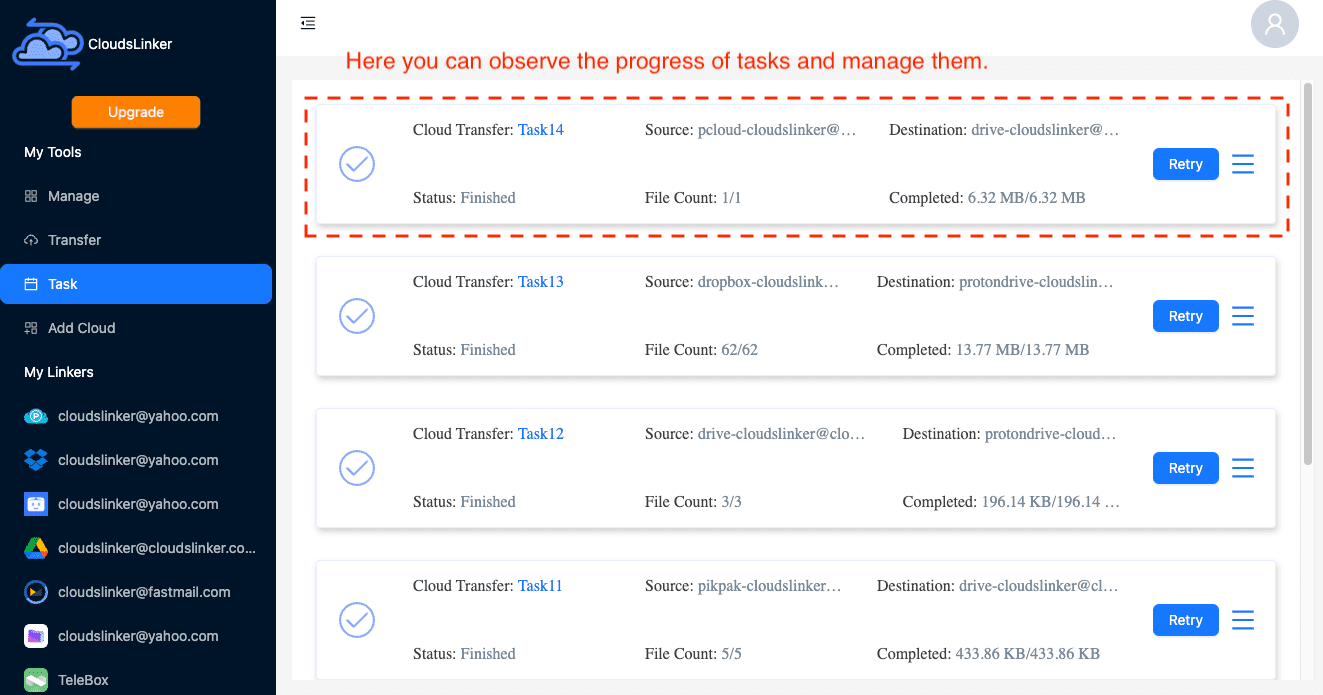 Monitoring transfer tasks in Cloudslinker for pCloud to Google Drive