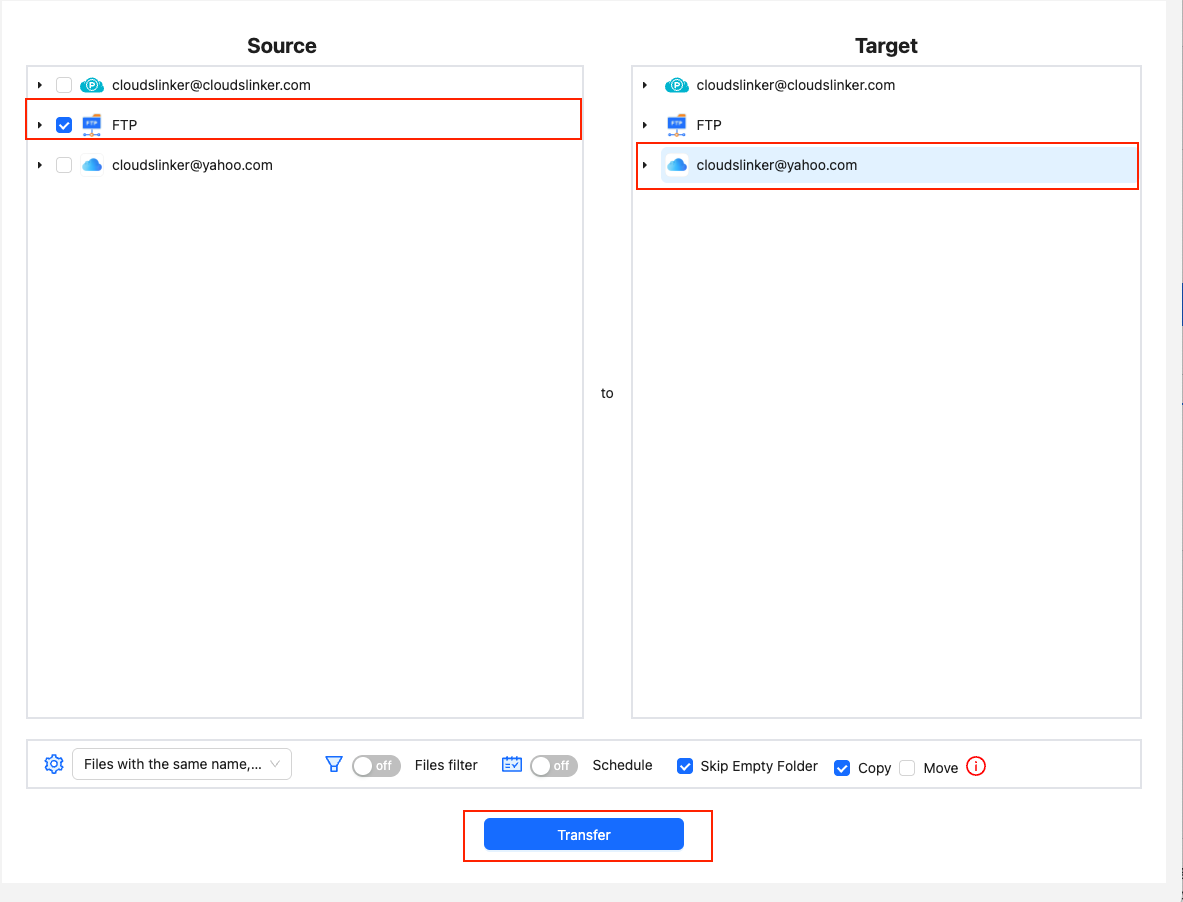 Transfer files from FTP to iCloud Drive using CloudsLinker