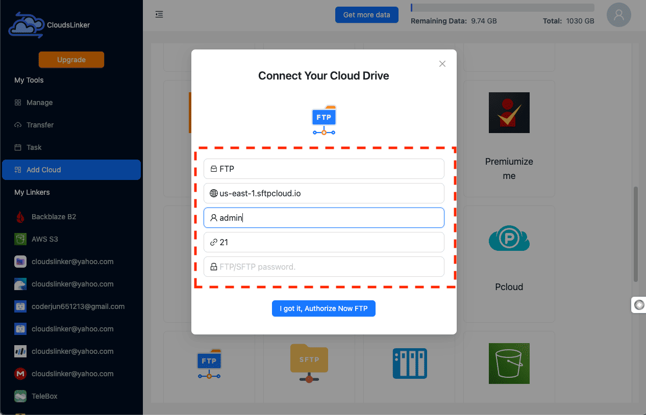 Connecting FTP Server in CloudsLinker