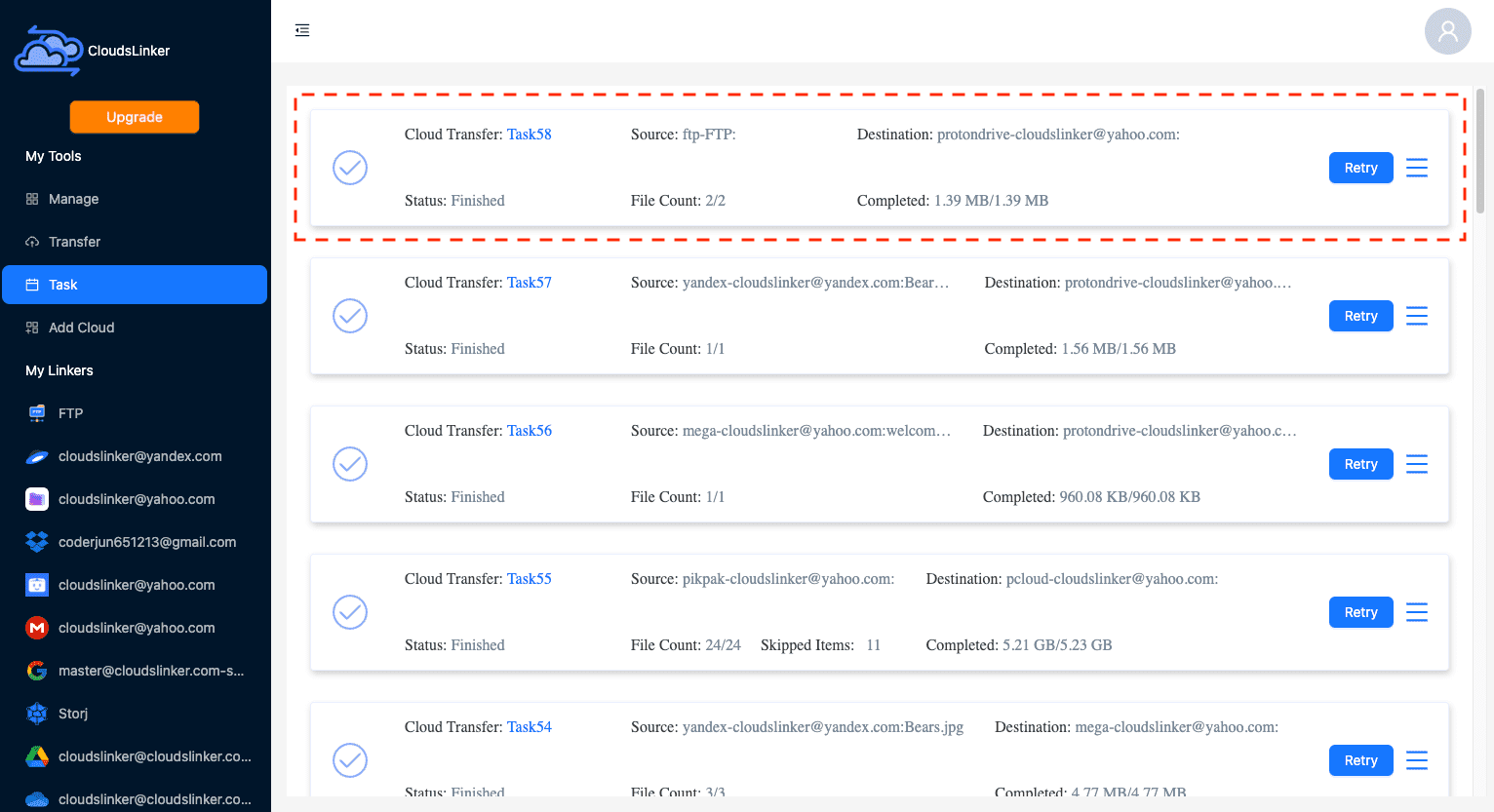 Monitoring transfer progress in CloudsLinker