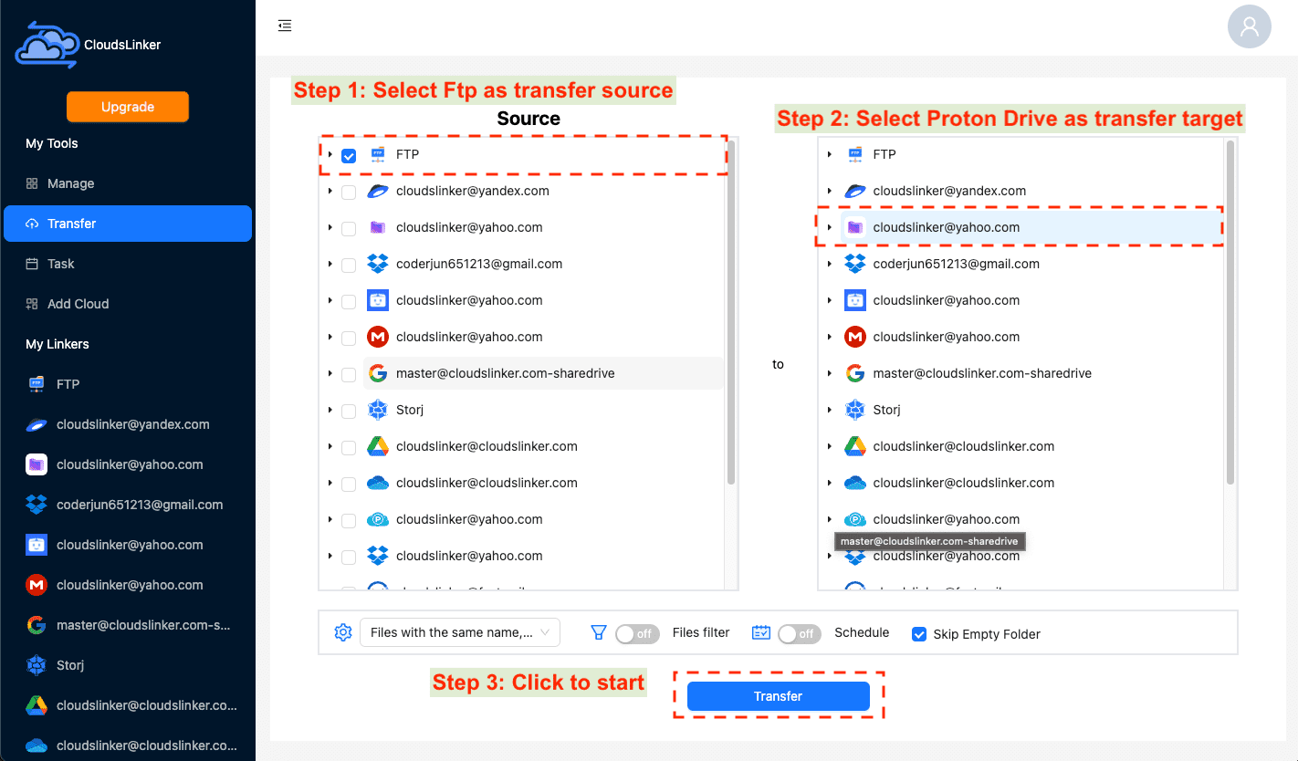 Configuring transfer settings in CloudsLinker