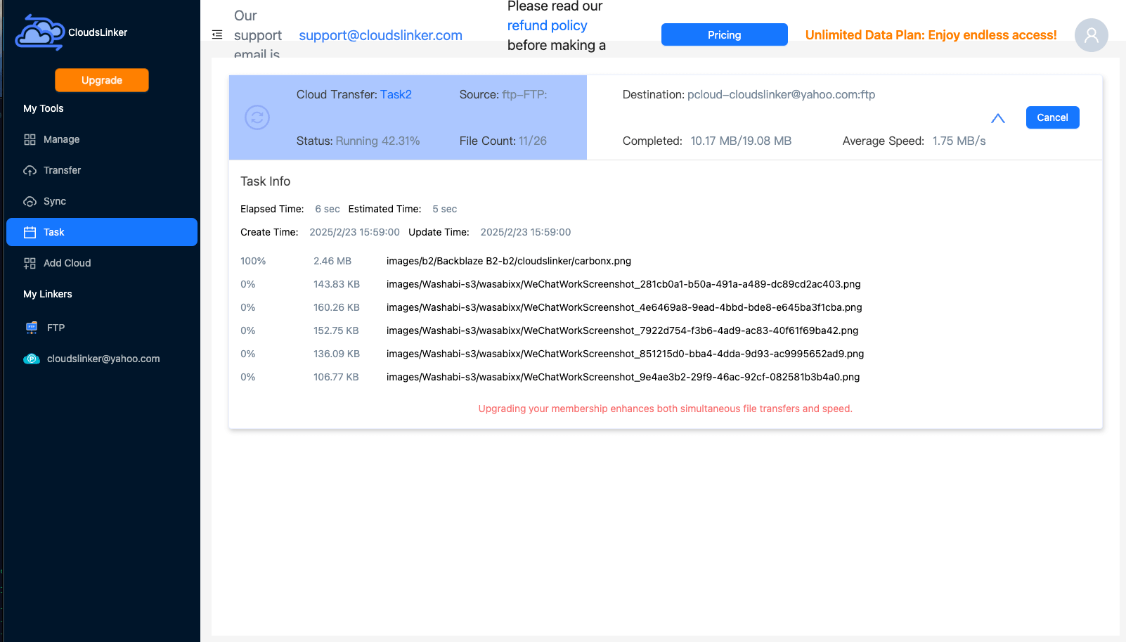 Monitoring transfer progress in CloudsLinker
