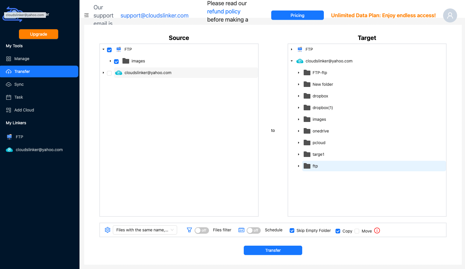 Configuring transfer settings in CloudsLinker