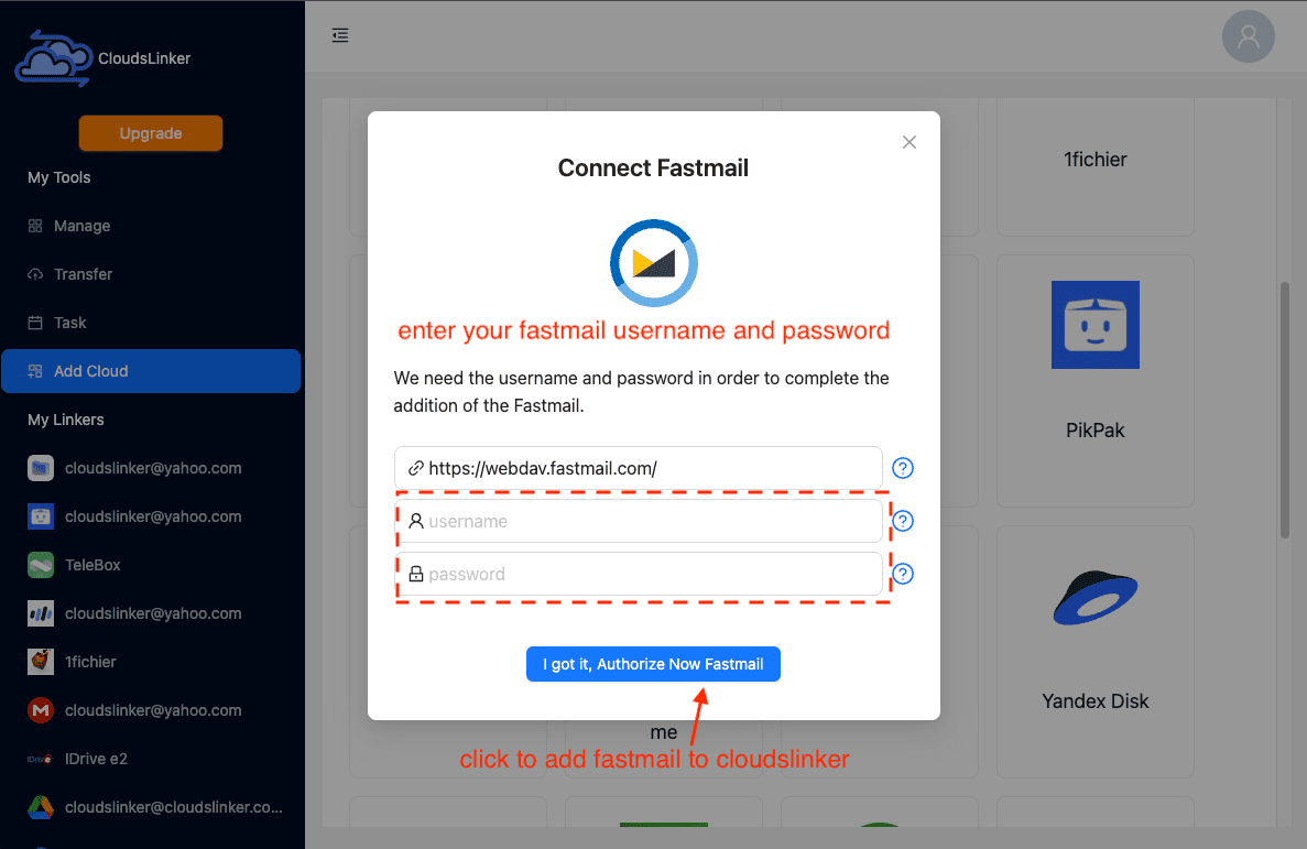 Linking Fastmail account with CloudsLinker