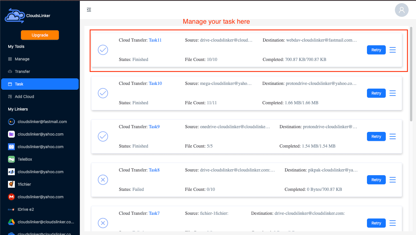 Tracking transfer tasks from Google Drive to Fastmail