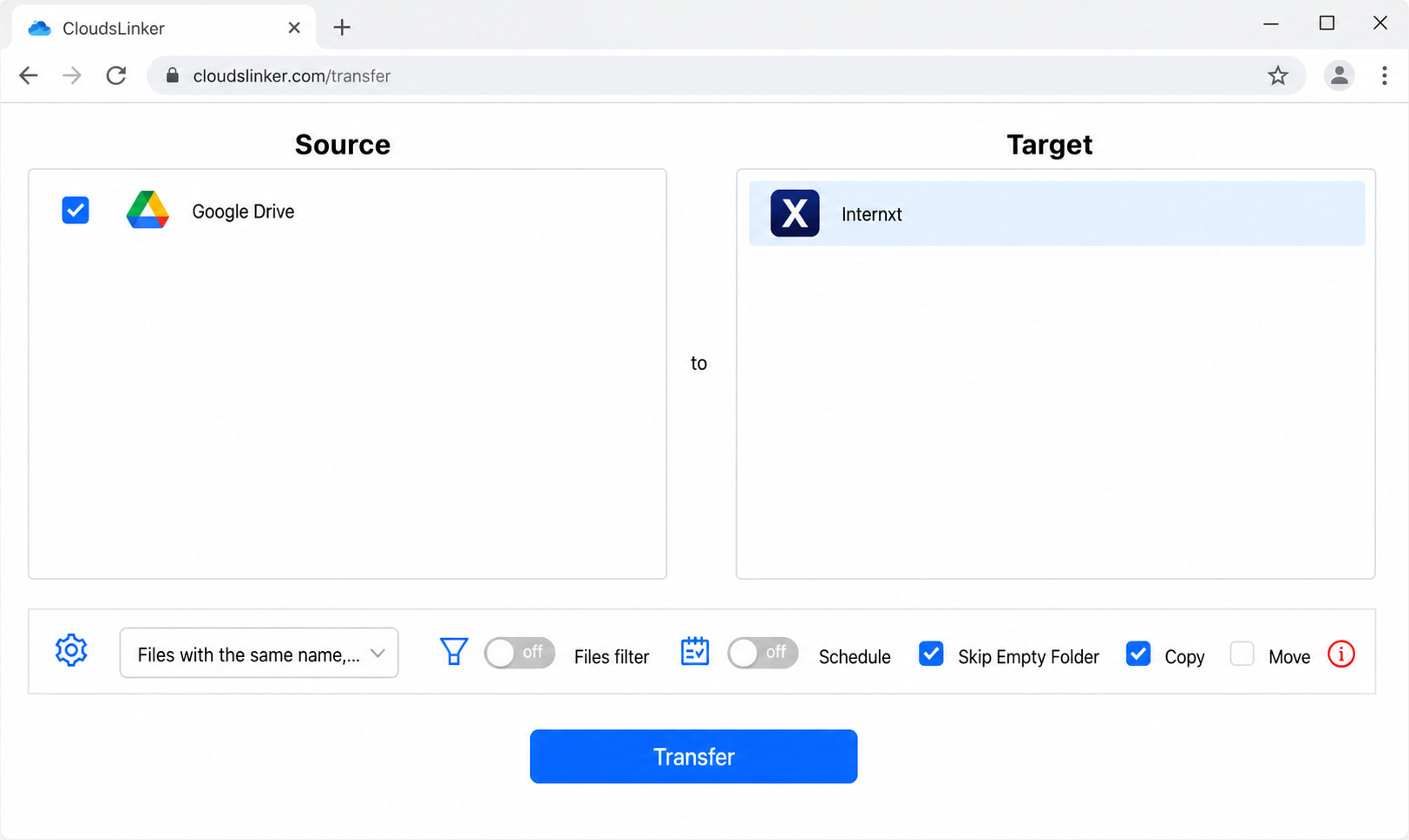 Configure the transfer in CloudsLinker