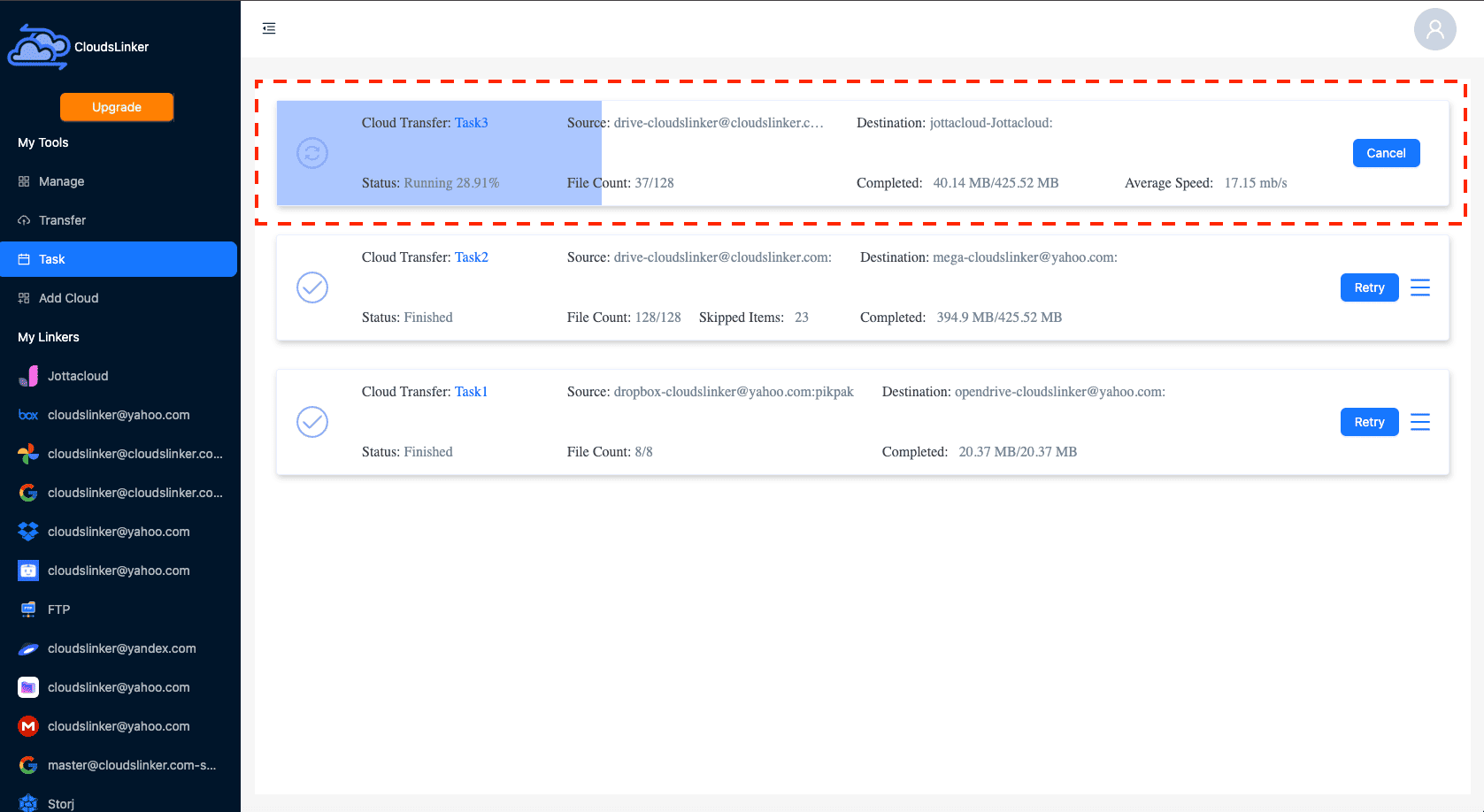 Starting transfer on CloudsLinker