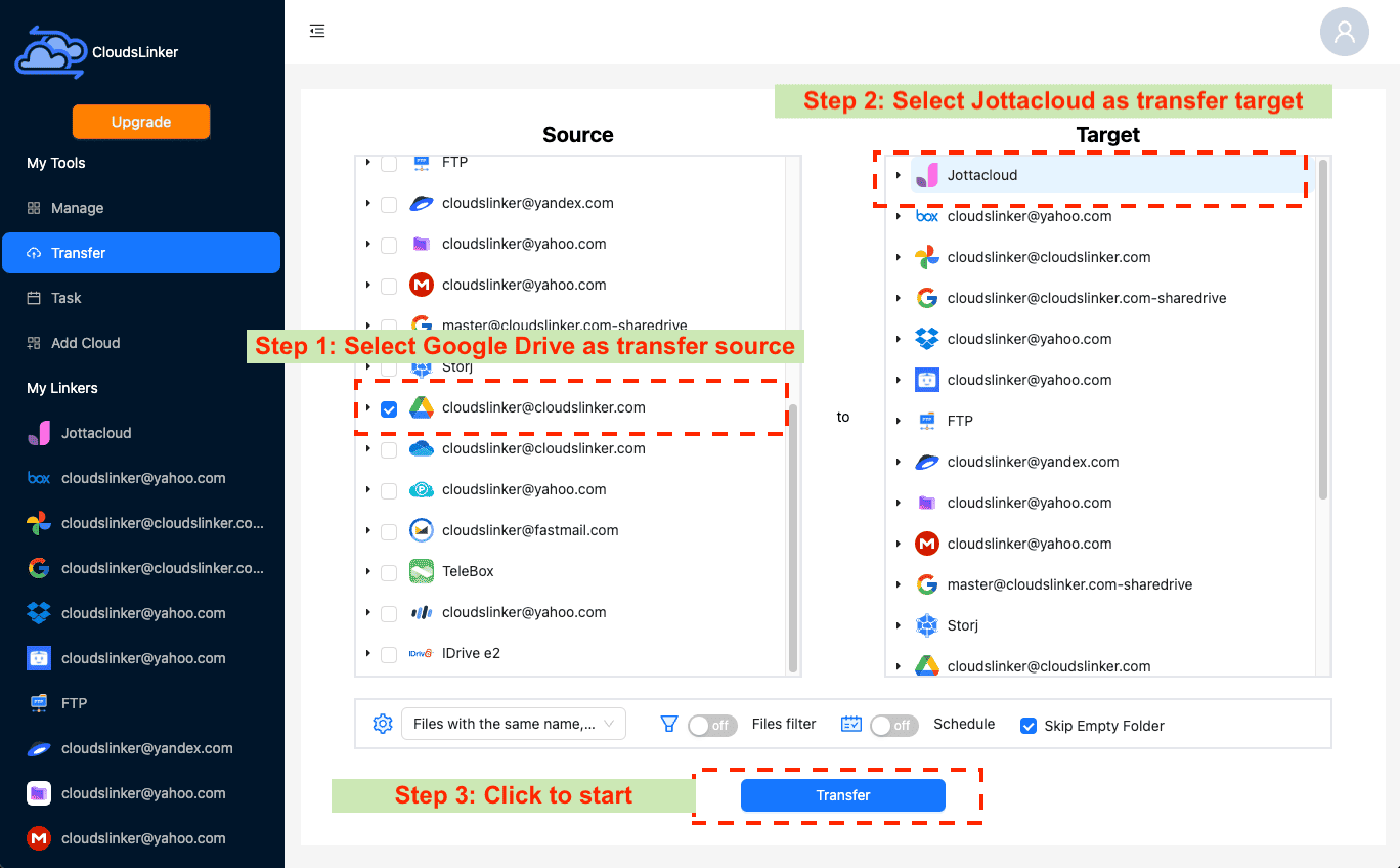 Setting up Google Drive to Jottacloud transfer in CloudsLinker