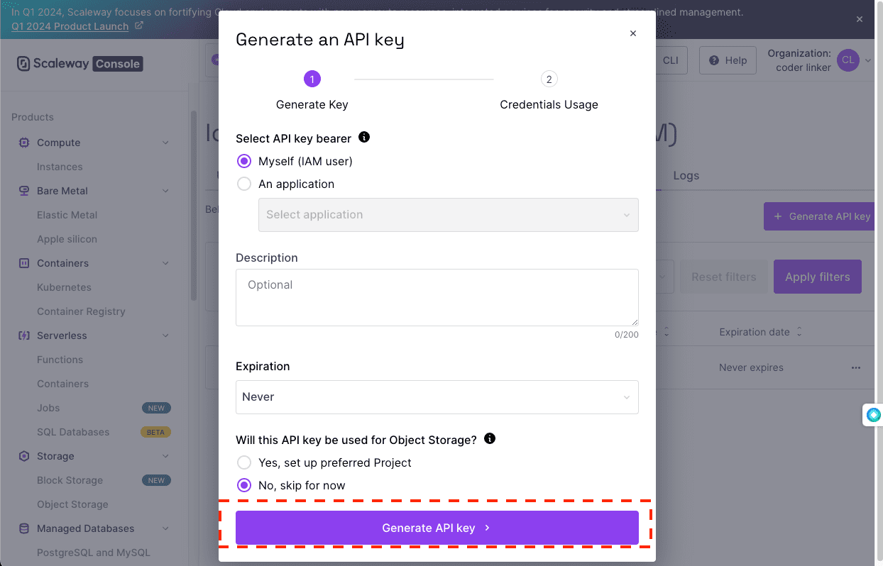 Generating API Key in Scaleway