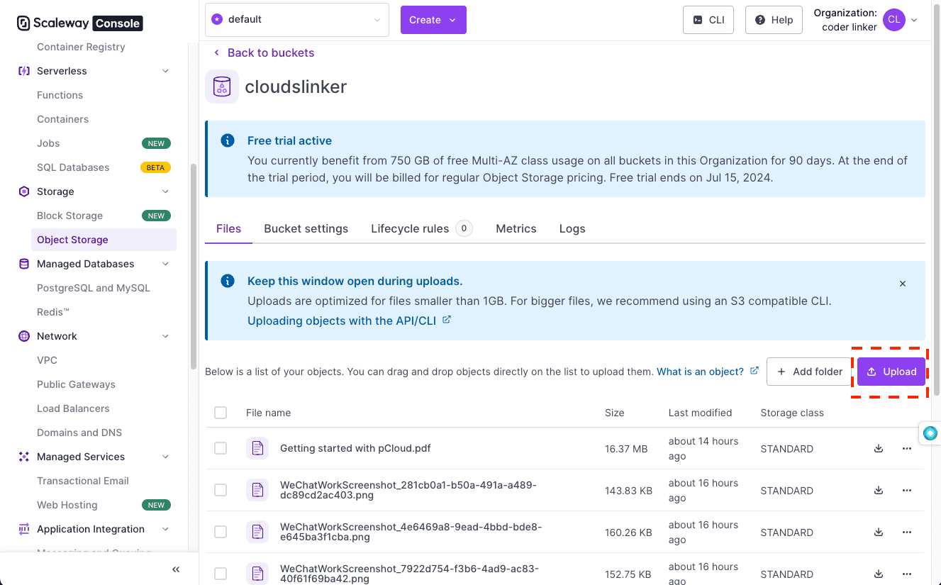 Uploading files to Scaleway Object Storage