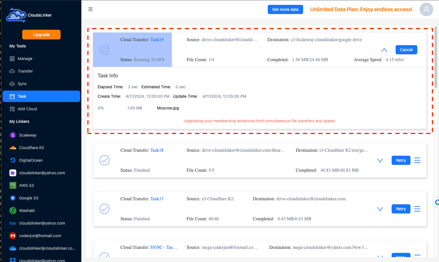 Initiating transfer on CloudsLinker