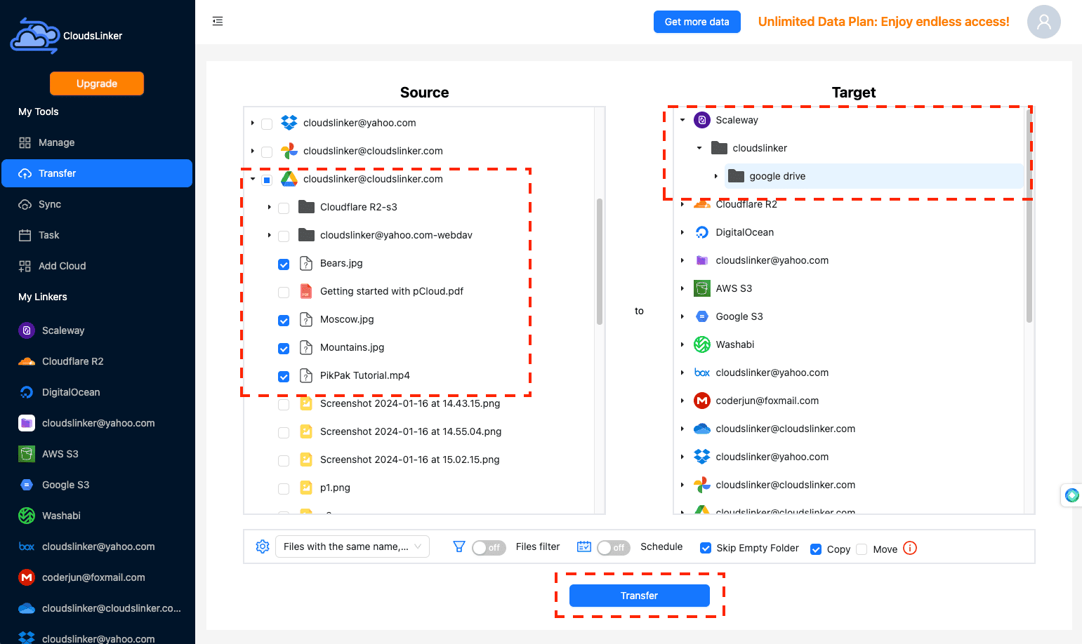 Setting up Google Drive to Scaleway Object Storage transfer in CloudsLinker