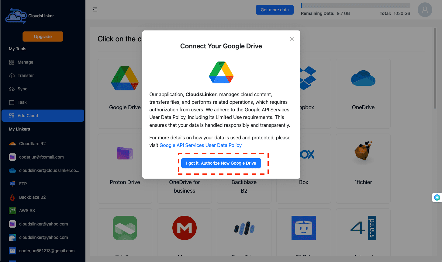 Linking Google Drive with CloudsLinker